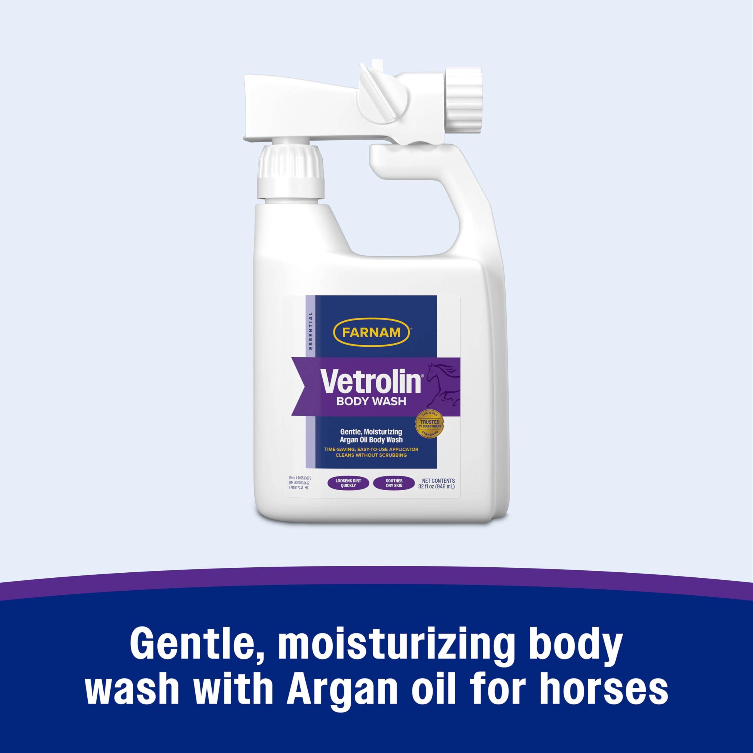 Farnam Vetrolin Body Wash, Time-Saving with No Scrubbing, Gentle and Moisturizing with Argan Oil, Soothes Dry Skin, for Horses and Dogs, 32 fl oz.