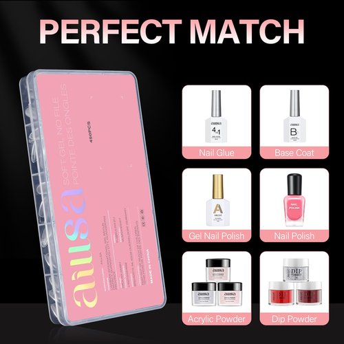 AILLSA Short Almond Nail Tips - Thickened Pre-shaped False Nail Tips Short Almond Shaped Half Matte Nails Tips, Fake Nails Extension 450pcs 15 Sizes with Storage Box