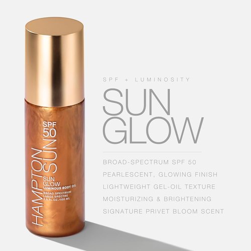 Hampton Sun SPF 50 Sun Glow Luminous Body Oil - Lightweight Hydrating Gel with Vitamin E & Kukui Oil | Travel Size