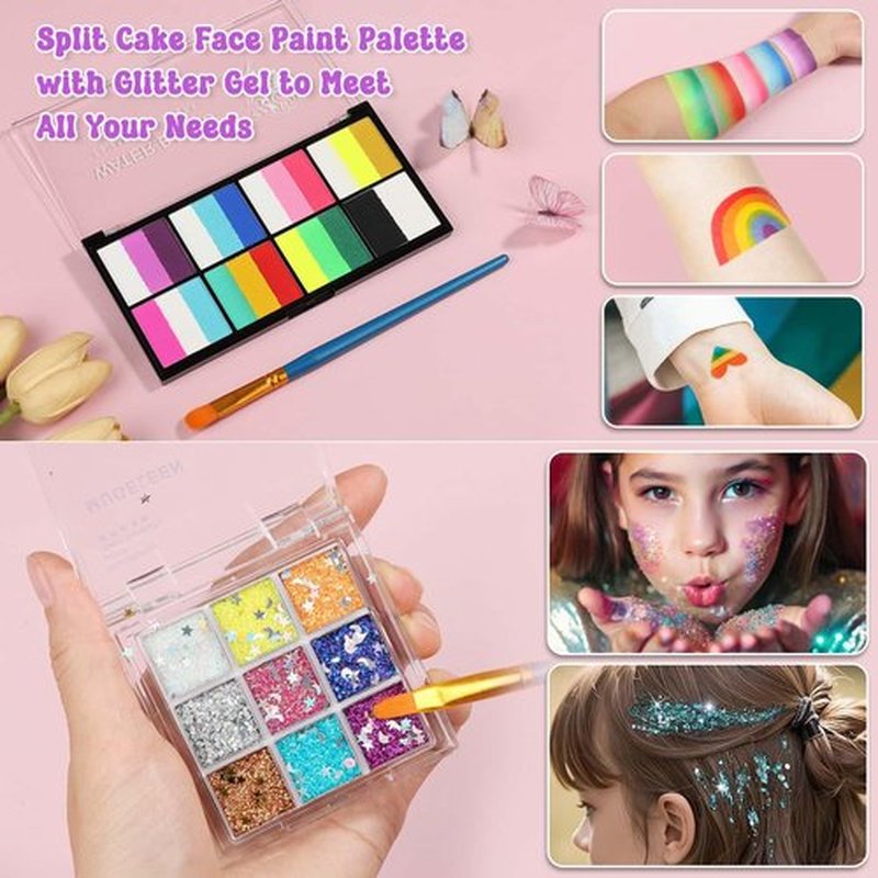 Kids Face Painting Kit with Organizer Box - Rainbow Color Non Toxic & Washable Face Paint Set with Stencils, Brush & Gems Kids Party Makeup for Halloween, Carnival & Costume