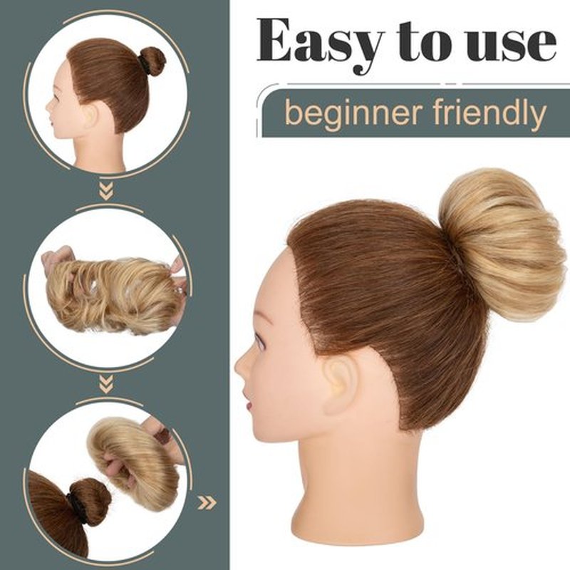 Hairro Messy Bun Hair Piece Real Remy Human Hair Straight Highlight Balayage Piano Color Ponytail Scrunchies Updo Elastic Wrap On Chignon 30g #12RP613R Golden Brown Mix Bleach Blonde
