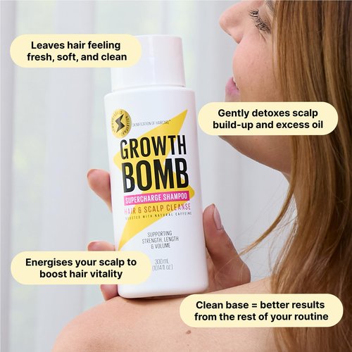 Growth Bomb Supercharge Shampoo - Clarifying Shampoo for Curly, Oily, Damaged Hair w/Tea Tree for Scalp Detox, Anti Residue Hair Wash for Women & Men, Paraben Free, Sulfate Free - 300mL