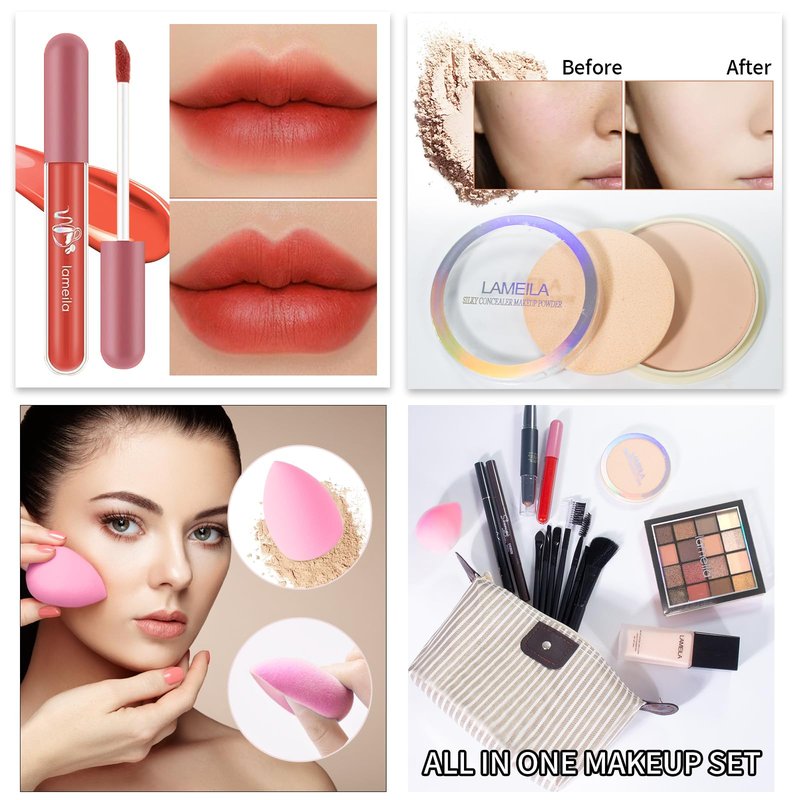 YBUETE Makeup Set Full Kit for Girls Teens Women, Makeup Present Set, Includes Eyeshadow, Foundation, counter stick, Powder, Eyebrow Pencil, Eyeliner, Brushes, Lip Gloss, Sponge, Cosmetic Bag