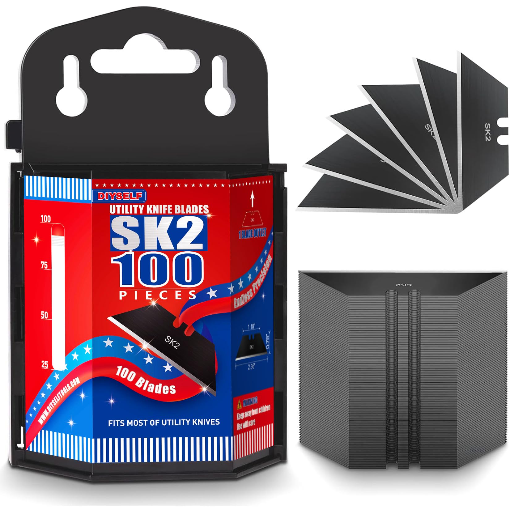 DIYSELF 100 Pack Utility Knife Blade Refills, SK2 Razor Knife Blades, Black