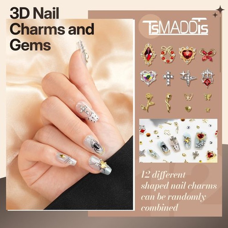 TsMADDTs Nail Charms and Gems Kit, 4 Boxes Gold Nail Charms, Gems, Flat Black Rhinestones and Beads with Manicure Tools, 3D Cross Charm Professional Art Design Tool for DIY Manicure at Home, Salon