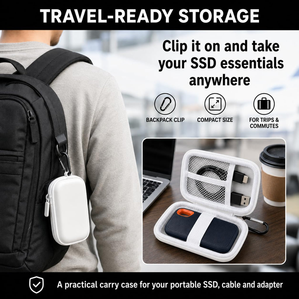 Case for SanDisk Extreme Portable SSD & Extreme PRO, Hard Shell Protective Storage Bag with Carabiner, Fits 1TB 2TB 4TB 8TB External Solid State Drive (White, for Sandisk V2)