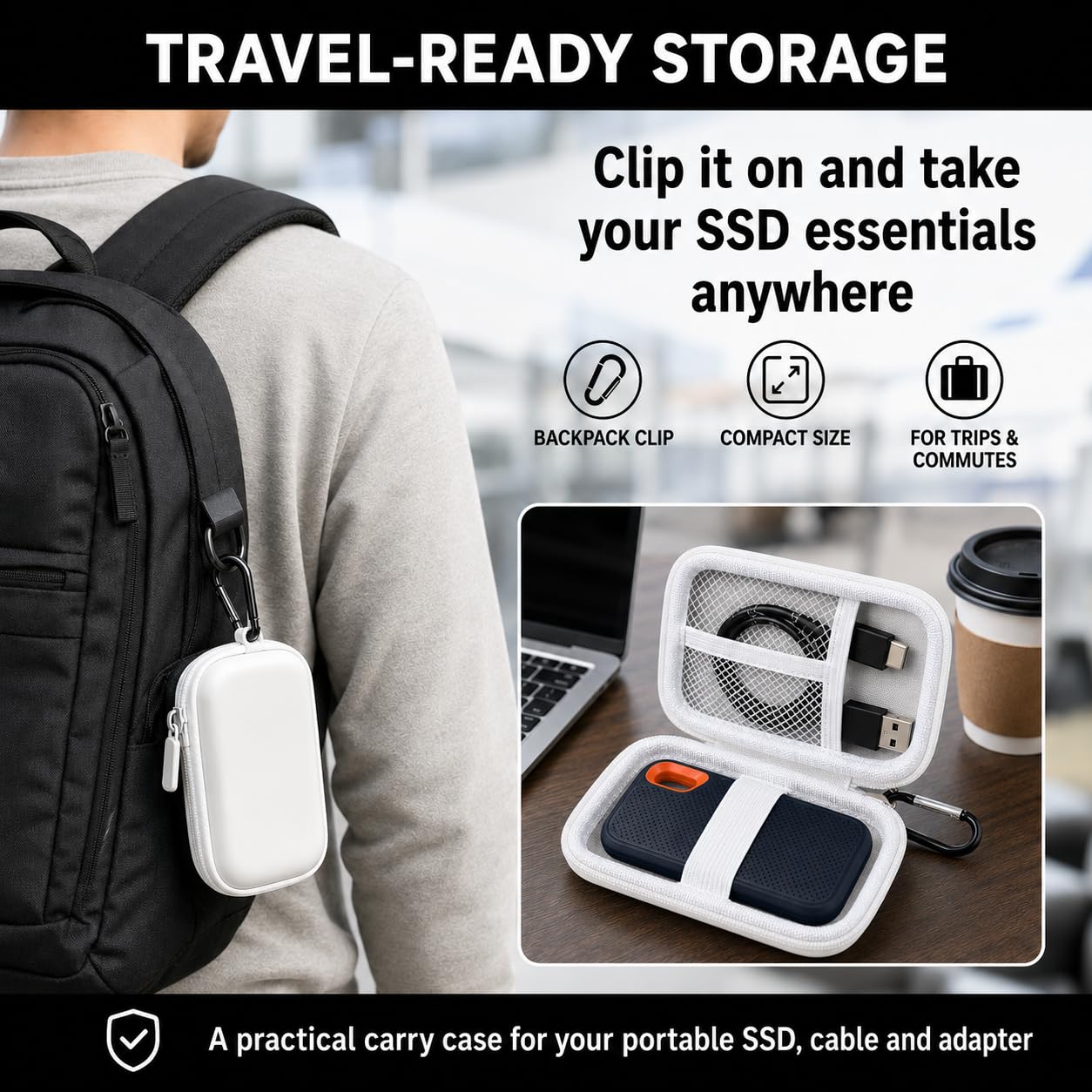 Case for SanDisk Extreme Portable SSD & Extreme PRO, Hard Shell Protective Storage Bag with Carabiner, Fits 1TB 2TB 4TB 8TB External Solid State Drive (White, for Sandisk V2)