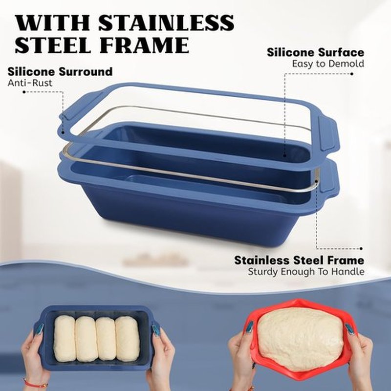 Skiennix Silicone Bread Pan - Nonstick 9.5 x 5 Inch Loaf Pan with Metal Frame for Homemade Baking