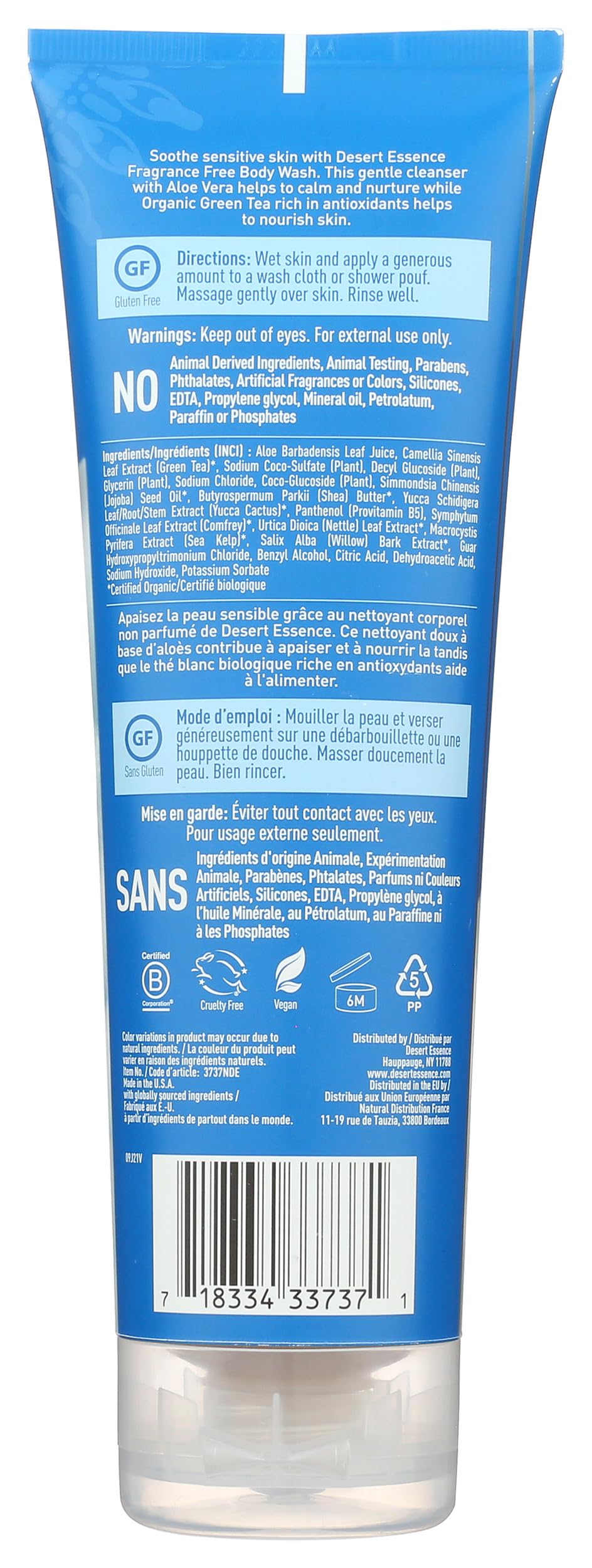 Desert Essence Fragrance Free Body Wash Sensitive Skin-Friendly Plant-Based Cleanser with Organic Aloe, Green Tea & Jojoba Oil - Nourishing Antioxidants - Vegan, Gluten-Free, Cruelty-Free - 8oz