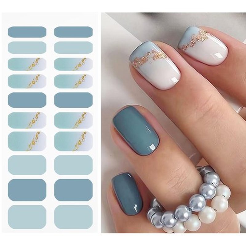 JMEOWIO Gel Nail Stickers Gold Glitter Gradient Blue Semi Cured Gel Nail Strips Wraps UV/LED Nails Art Design Decoration Accessories