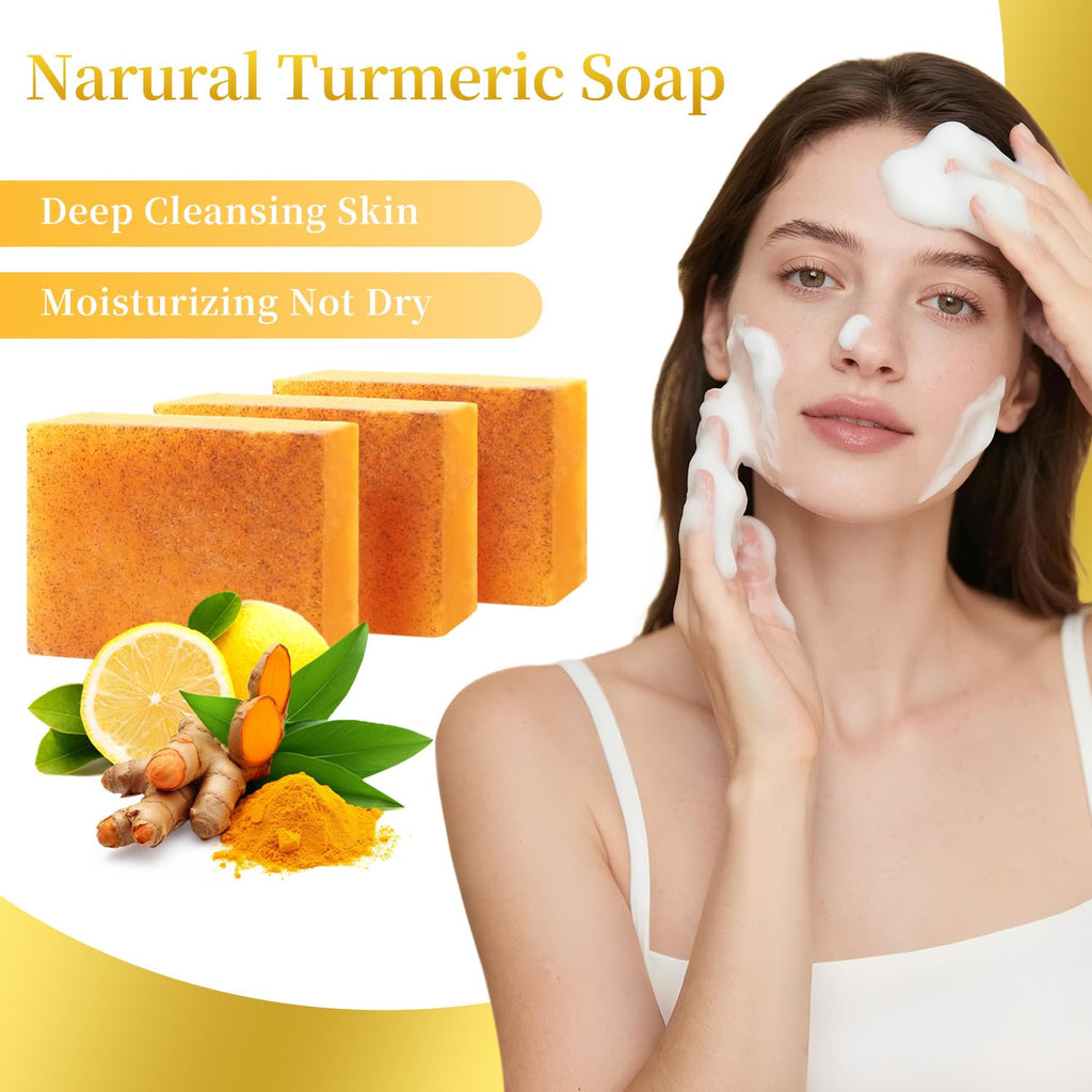 DOXOLATO Lemon Turmeric Soap Bars for Face Body - Gentle Exfoliating Turmeric Soap Bar Improve Skin Texture Moisturizing, 3 Bars