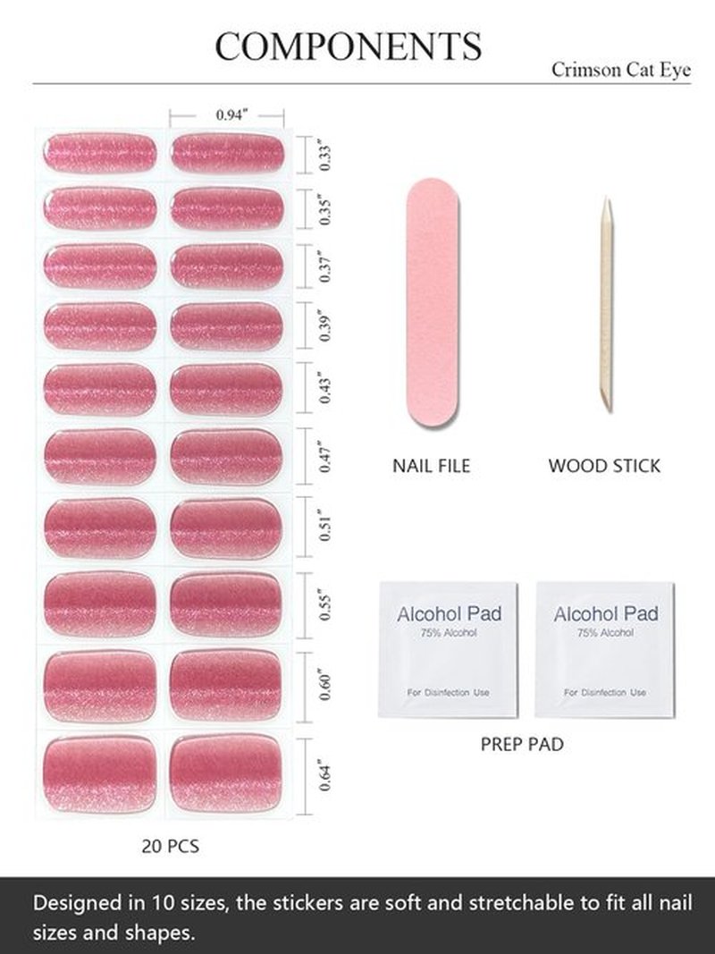 AutyaMee Semi Cured Gel Nail Strips (Crimson Cat Eye), Pink Red, 20 Pcs Gel Nail Wraps, Stickers, Salon Quality, Works With Any UV Lamps