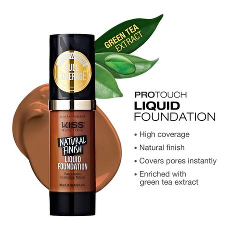 Kiss New York Professional Liquid Foundation - Lightweight and Hydrating Formula, Natural Finish, Control Shine, Cover Pores, Medium to Full Coverage, Green Tea Extract (Caramel)