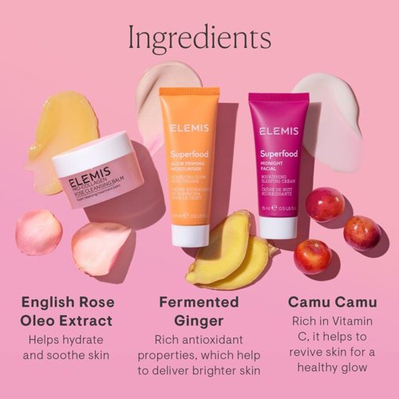 ELEMIS Way To Glow Skincare Kit - Travel Set with Rose Cleansing Balm, Glow Moisturizer & Midnight Facial