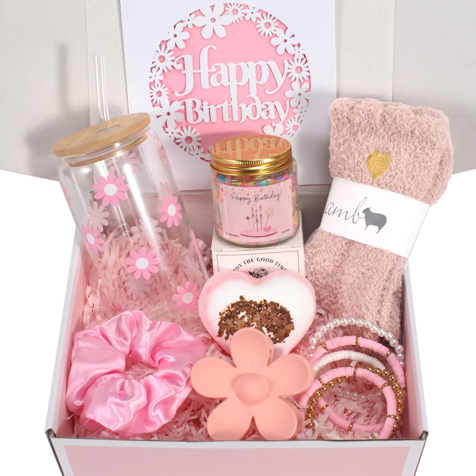 HIDDEN NUTS Birthday Gift for Teen Girls, Happy Birthday Box for Girl, Cute Preppy Stuff for Tween Girls, Christmas, Cute Daisy Aesthetic Glass Cups Tumbler Teen Gals Gifts Set 8pcs