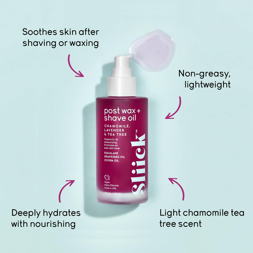 Sliick Post Wax + Shave Oil – Soothing After Shave Oil with Chamomile, Lavender & Tea Tree for Razor Bumps, Ingrown Hair & Redness, After Waxing & Shaving Treatment, 4 fl oz
