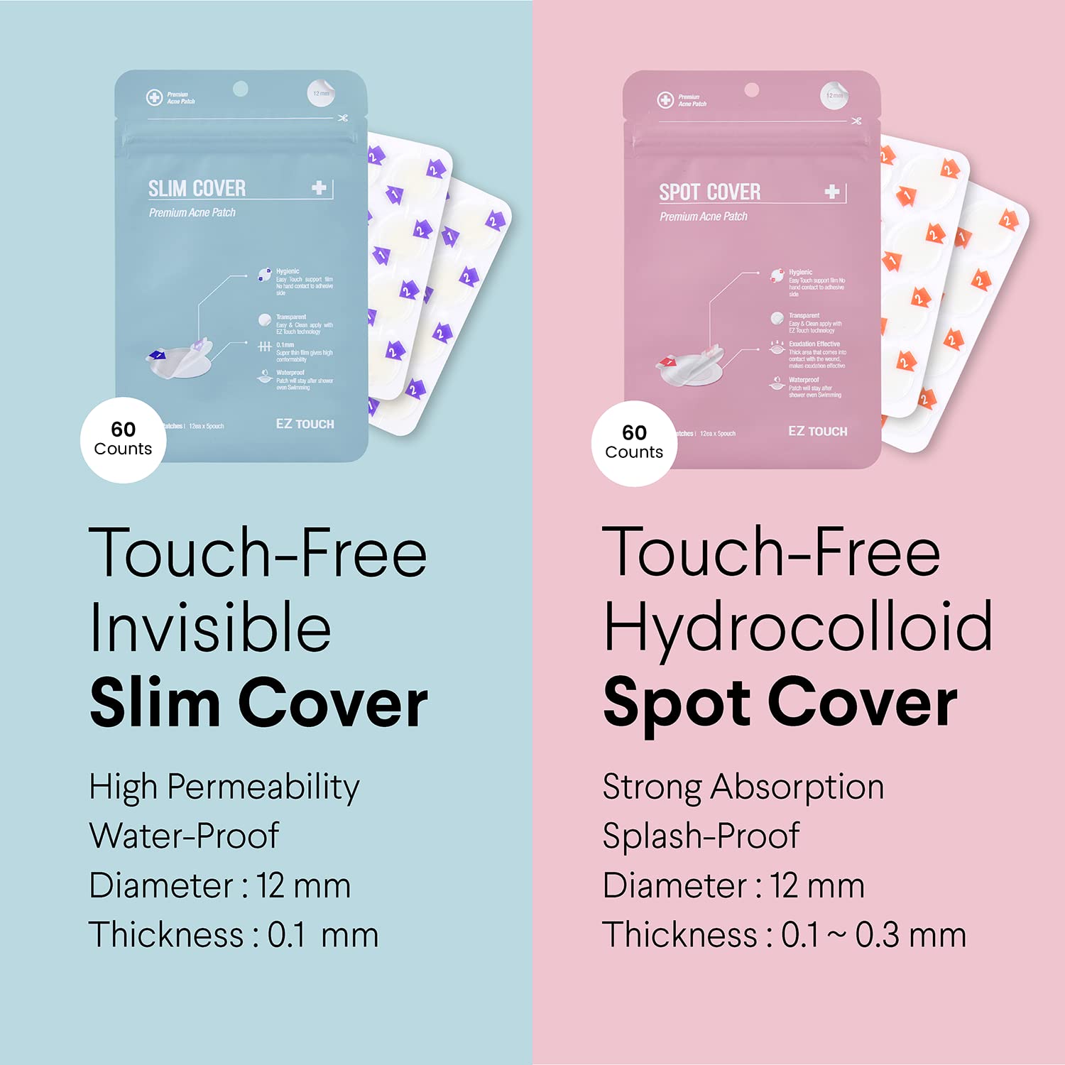 Touch-free Hydrocolloid Acne Pimple Patch(60 count, 12mm, Fast0Healing) | Last 48 hr | Patented Korean Spot Cover by EZ touch