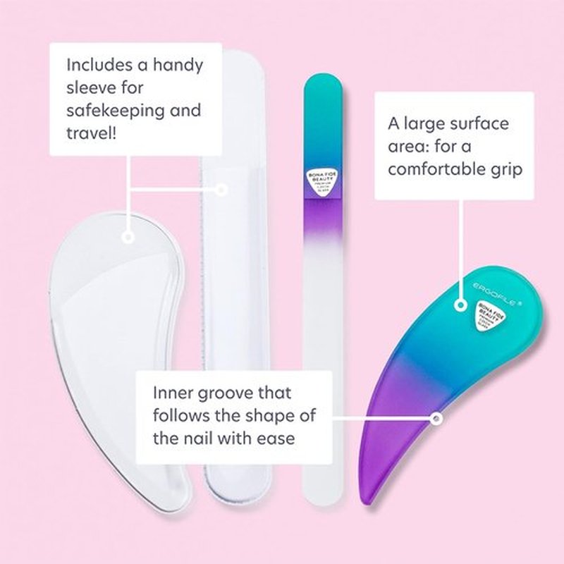 Bona Fide Beauty Ergonomic Nail File Set - 2PC Czech Glass Files for Natural & Acrylic Nails | Pastel Green & Violet