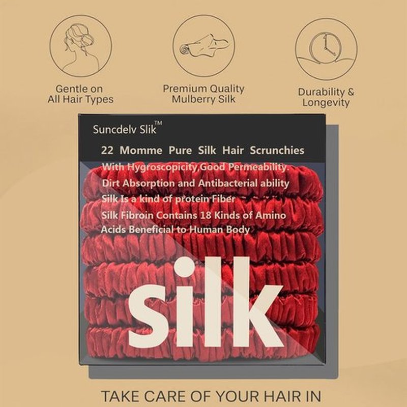 Suncdelv Silk,100% Silk Scrunchies for Hair,22 Momme Hair Ties for Anti-Crease & Breakage,Natural Women Hair Accessories，Fashion Hairbands 6PCS（Red）