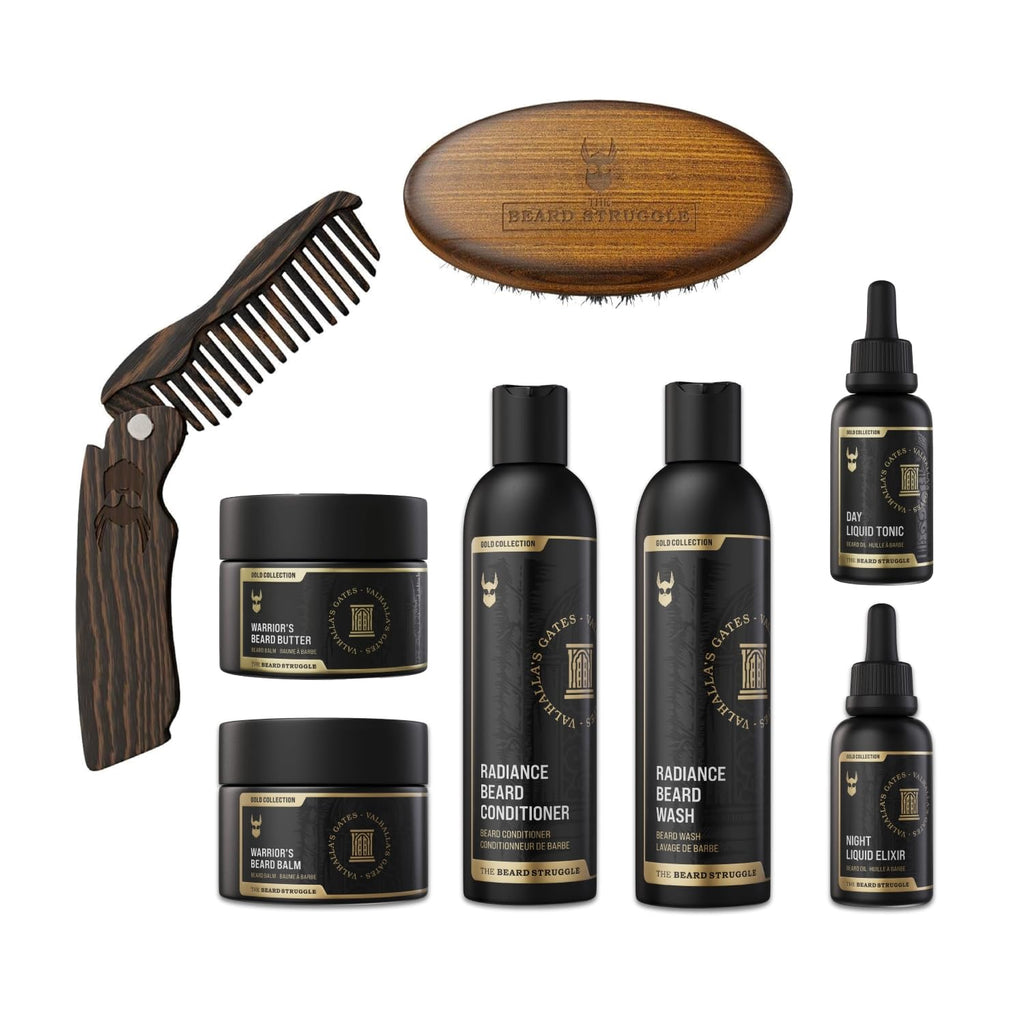 The Beard Struggle Ultimate Beard Growth Kit for Men Balm, Cream, Brush, Comb, Oil, Wash, & Conditioner for Moisturizing Beard - Valhalla's Gates, Gold Collection