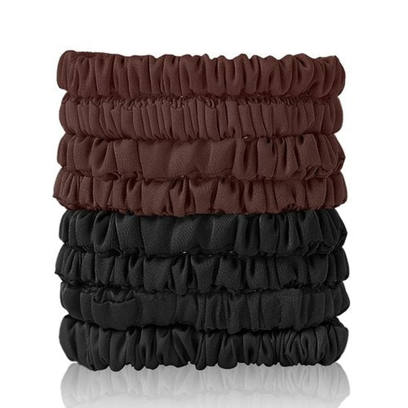 8Pcs Mulberry Silk Scrunchies Set, Silk Hair Ties Elastic for Women, Skinny Scrunchies Reduces Breakage for All Hair Types Srevela (4*Black, 4*Brown)