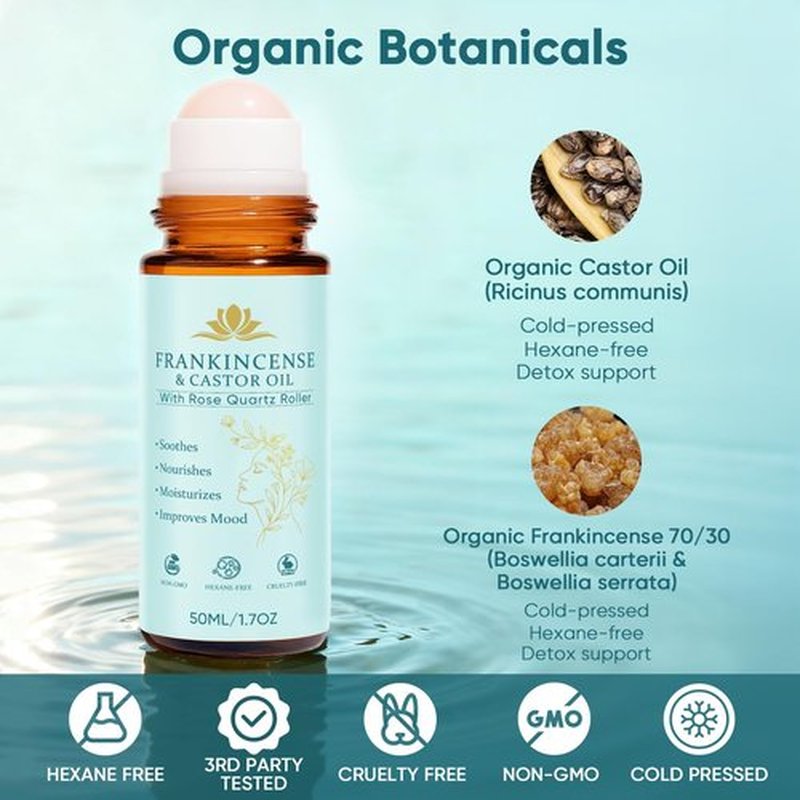 Frankincense and Castor Oil, Castor Oil Roll On with Rose Quartz, 100% Pure, Organic, Cold-Pressed, Firms Skin, Reduces Fine Lines & Hormone Balance, Suitable for Face, Neck, Abdomen, 50ML/1.7OZ (1)