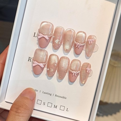 TENPAL Cute Sweet Handmade Press on Nails Almond,Ballet Butterfly Cat Eye Nude Pink Ombre French Tips Fake Nails with Tools, Reusable Spring Polka Dot Bow Pearl False Nails for Women 10pcs(M)