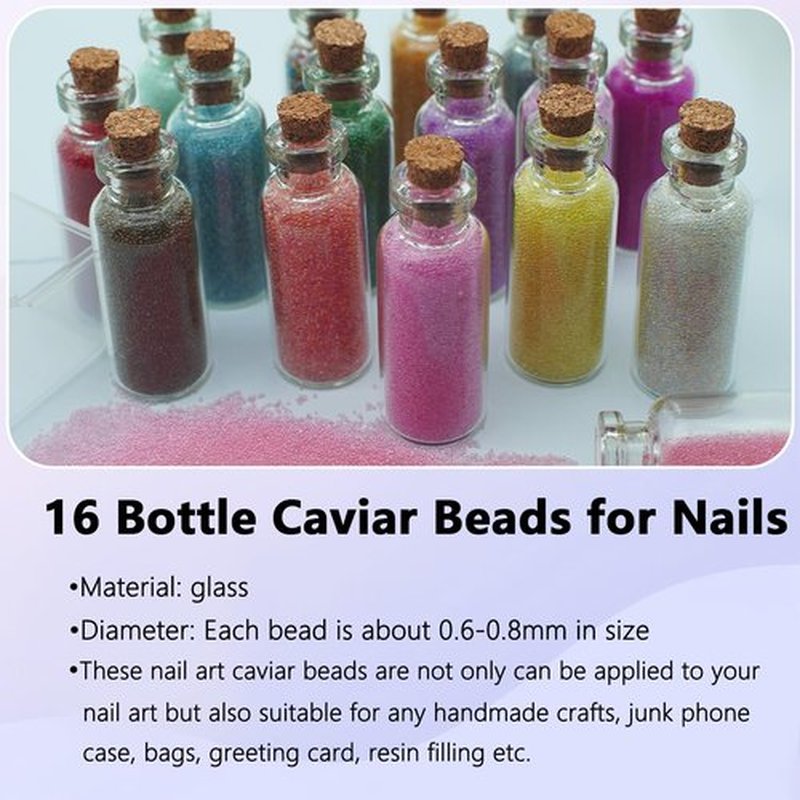 16 Colors Caviar Beads for Nails, 0.6-0.8mm Glass Micro Pixie Bead Mini Iridescent Bubble Microbeads for Women Girls Nail Art Charms Decorations Women Manicure Makeup DIY Craft