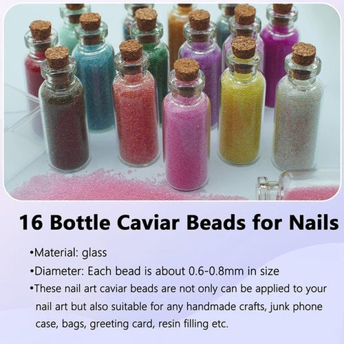 16 Colors Caviar Beads for Nails, 0.6-0.8mm Glass Micro Pixie Bead Mini Iridescent Bubble Microbeads for Women Girls Nail Art Charms Decorations Women Manicure Makeup DIY Craft