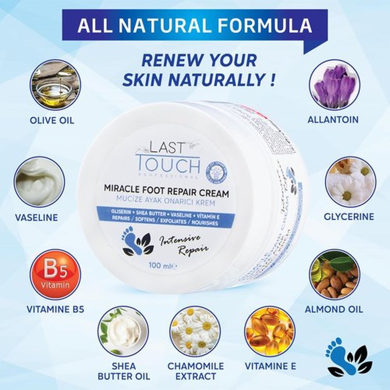 LAST TOUCH Miracle Cracked Repair Foot Care Cream - Foot Cream Dry Cracked Heels - Guaranteed Relief Worn, Cracked, Dry, Callused Feet - Athletes Foot Cream - Soft Smooth Feet 3.38 Fl Oz