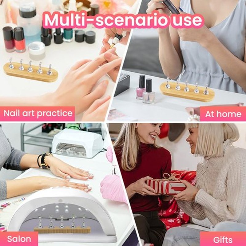 ESUOHYM Wooden Stand for Nails Art Display Practice 2 Set, 1 Heart Shaped Acrylic Magnetic Nail Stand, Fake Nail Holder with 200 Pieces Double-sided Tape, For Home DIY Salon Supplies (Wood, Large)
