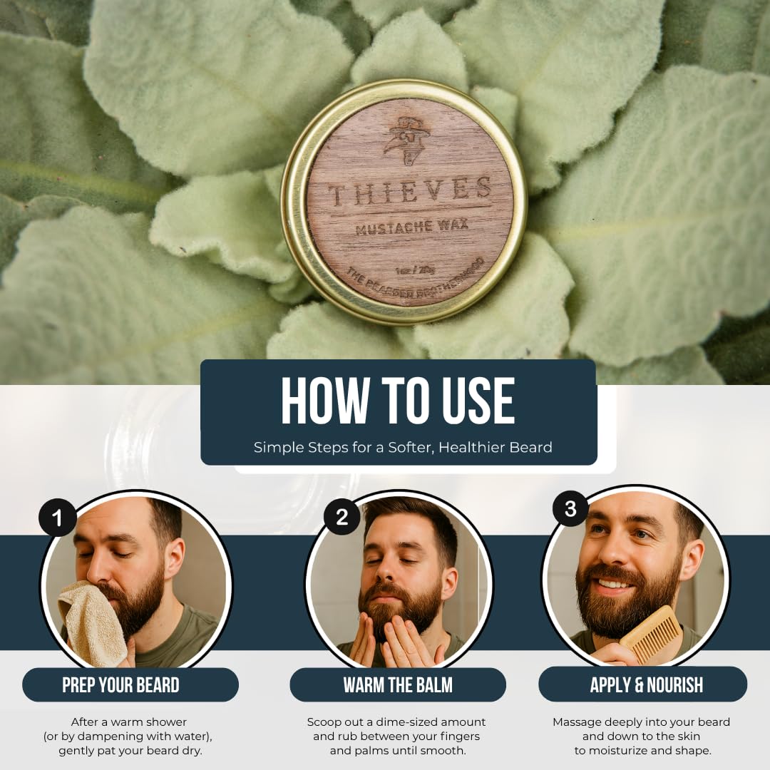 The Bearded Brotherhood TBB Thieves Mustache Wax for Men | Natural Mustache Styler with Long-Lasting Hold | Cinnamon, Citrus, Rosemary & Rose Scent | Handcrafted in Texas | 1 oz