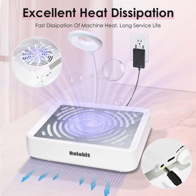 Rolokit Nail Dust Collector with Lamp&50pcs Disposable Filter&Dusting Brush, Electric Nail Vacuum Cleaner Dust Fan Suction Machine for Manicure Acrylic Gel Nails Polishing, Low Noise,Salon Home