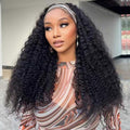 QCCSRR Headband Wig Human Hair Curly 18 Inch Glueless None Lace Front Deep Curly Wig Wear and Go Wigs for Black Women Machine Made Headband Half Wigs 180% Density Natural Color