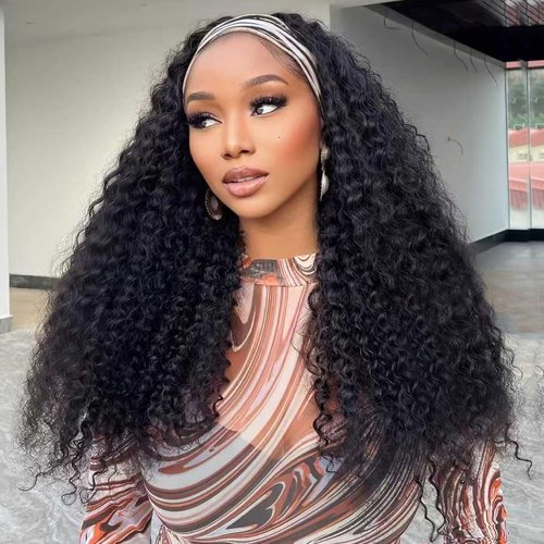 QCCSRR Headband Wig Human Hair Curly 18 Inch Glueless None Lace Front Deep Curly Wig Wear and Go Wigs for Black Women Machine Made Headband Half Wigs 180% Density Natural Color