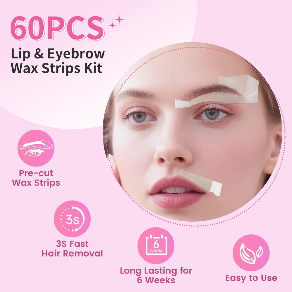Beauty7 Pre-Cut Facial Wax Strips for Women, Large Packs 60 Strips, Eyebrow and Lip Hair Removal with Pearl Powder and Essential Oil, for All Skin Types