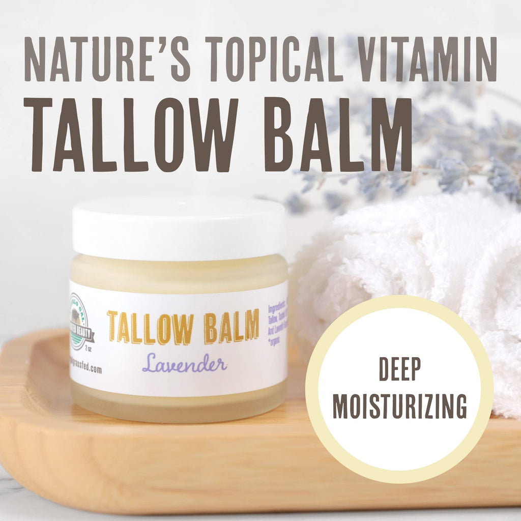 BUFFALO GAL Grassfed Beauty Regenerative Lavender Tallow Balm, Dry Rendered, Therapeutic Grade, Lab Tested Grass Fed Tallow Moisturizer for Face and Body, Organic Ingredients, 2 oz