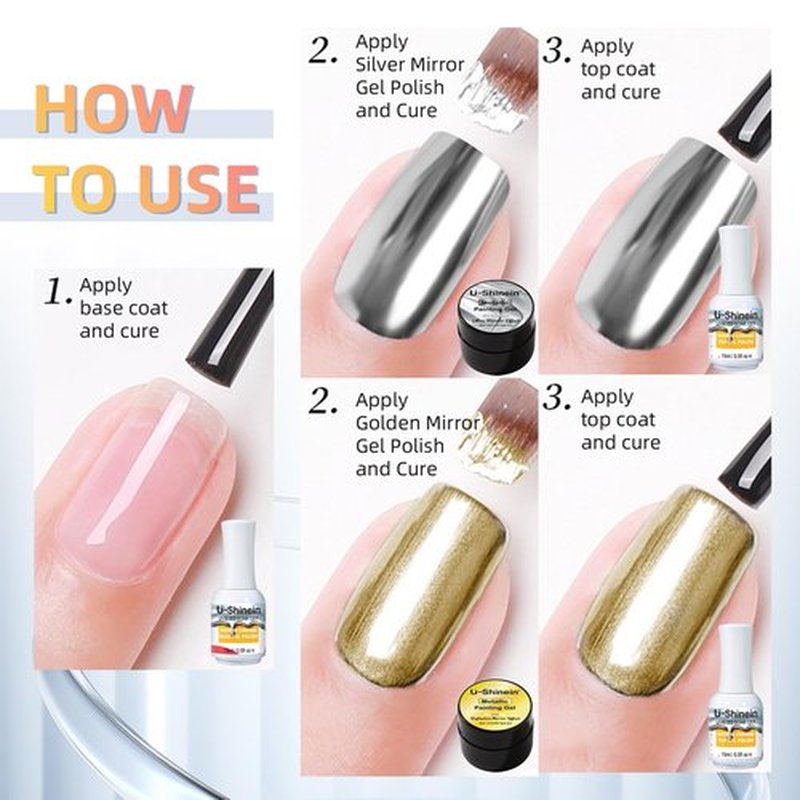 U-Shinein 2x8ml Metallic Painting Gel, Ultra Mirror Silver and Golden Painted Gel Nail Polish, 3D Metal Painting Gel Drawing Mirror Nail Gel Polish High Gloss Soak Off UV/LED DIY Nail Art Manicure