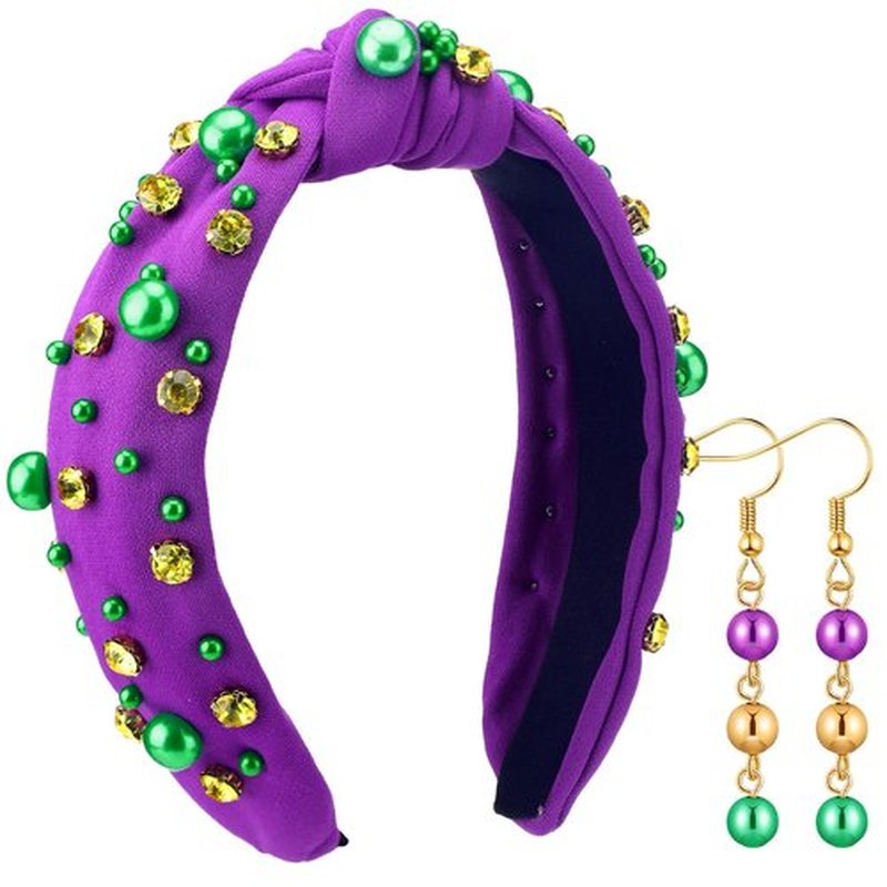 Hoolerry 2 Pieces Mardi Gras Hairband for Women with Earrings Green Yellow Rhinestone Pearl Purple Knotted Headband Woman Head Accessories for Carnival Holiday Decor Woman Gift