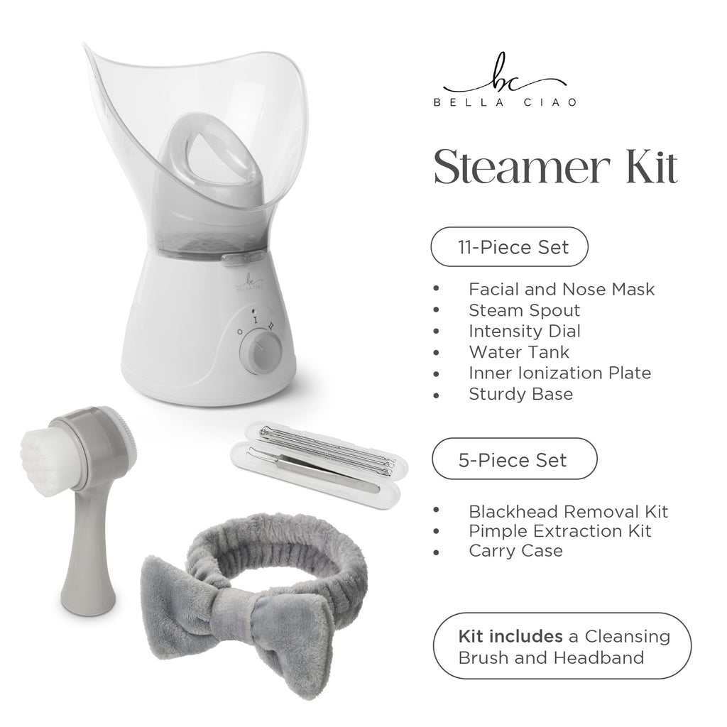 Bella Ciao Face Steamer, 11 Pc Facial Kit, Home Spa Kit, Gray/White