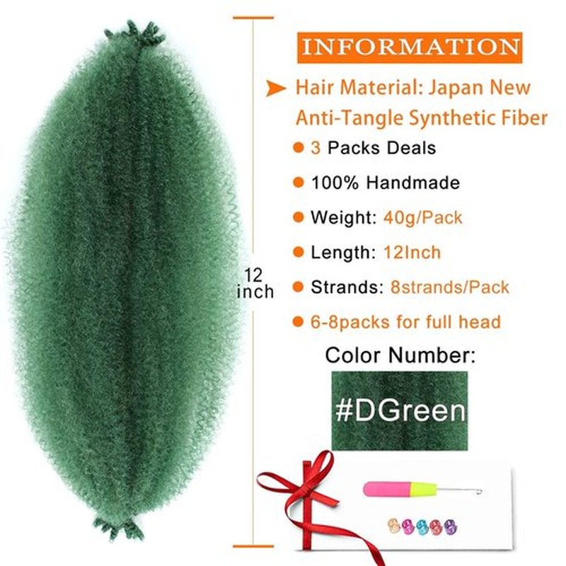 Dark Green Afro Twist Hair 12 Inch Green Marley Braiding Hair Springy Afro Twist Wrapping Hair Afro Kinky Curly Hair Extensions (12 Inch (Pack of 3), D-Green#)