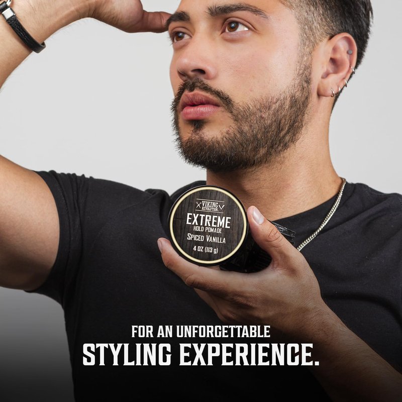 Viking Revolution Spiced Vanilla Hair Pomade for Men - Extreme Hold Hair Gel for Men - Water Based - Extra Firm Mens Hair Pomade - High Shine Mens Hair Cream (4oz)