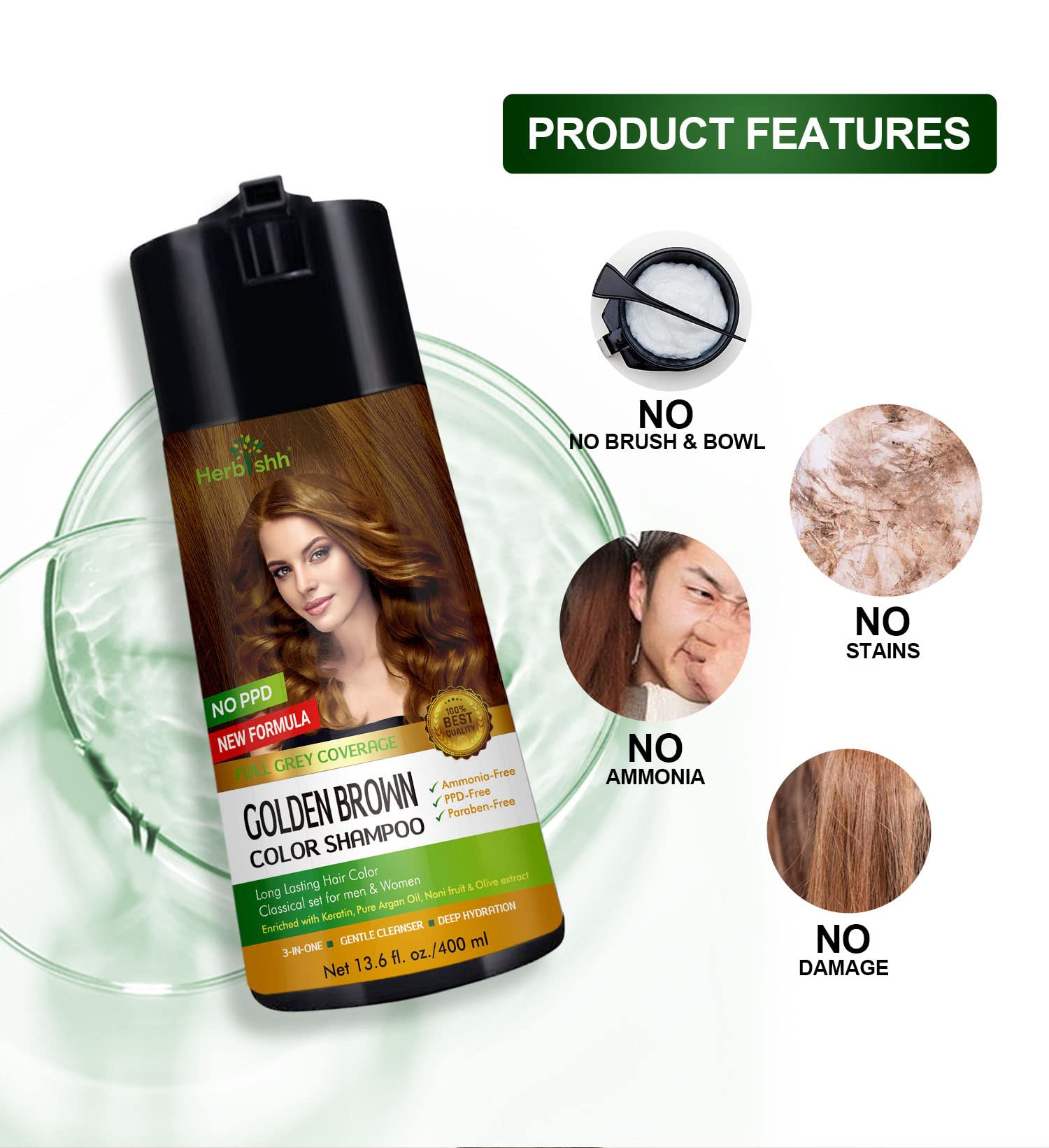 Herbishh Color Enriched Shampoo for Gray Hair - Long Lasting Hair Dye Formula and Conditioner (Golden Brown)