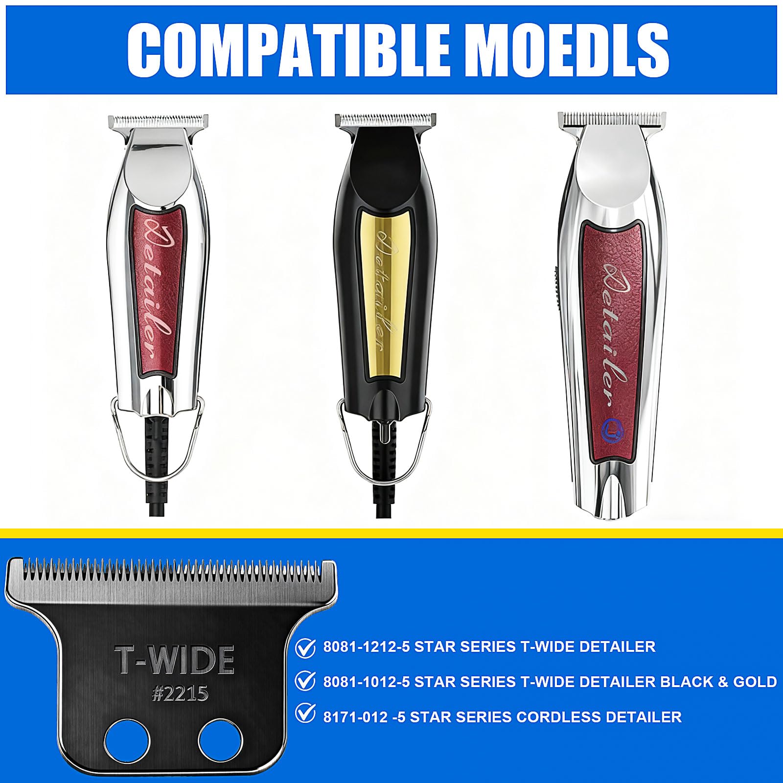 2PCS 2215 Replacement T Wide Blades Compatible with Wahl 5 Star Detailer Li Trimmer(8081) and (8171) - Adjustable Stainless-steel Zero-Gap Trimmer Blade ((2PCS-Black)