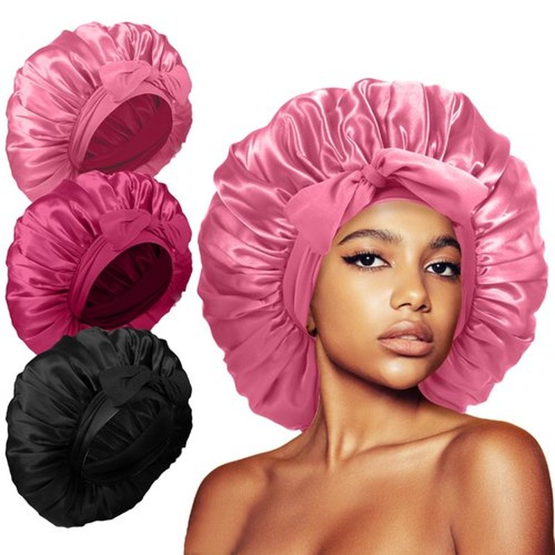 3Pcs Bonnet for Sleeping, Extra Silk Satin Hair Bonnets with Tie Band for Curly Hair Braids