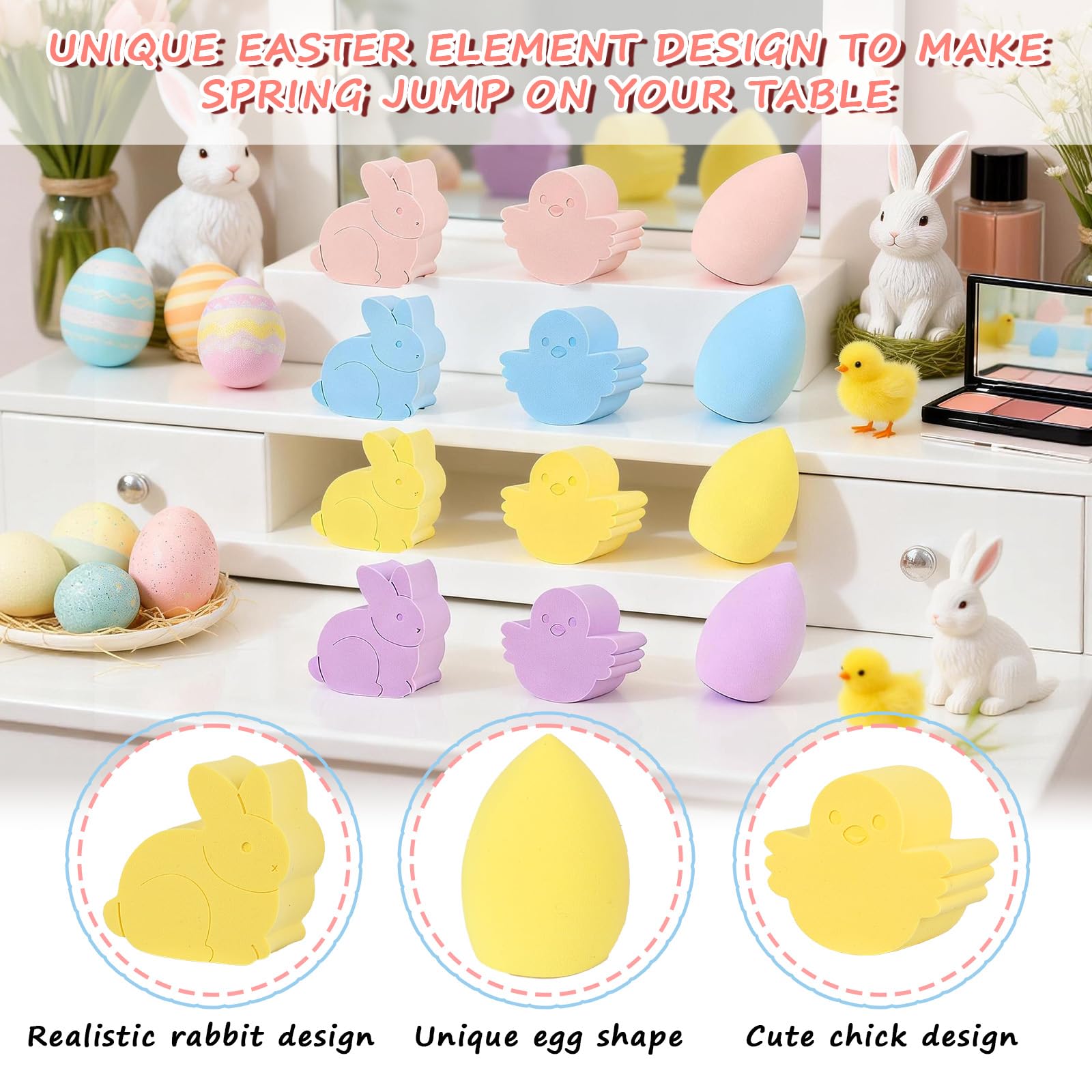 Easter Makeup Sponge Set - 12 Pcs Bunny Chick Egg Shape Makeup Blender, Soft Latex-Free Beauty Sponge for Foundation, Powder & Cream, Wet/Dry Use, Gentle Easter Presents for Women & Makeup Lovers