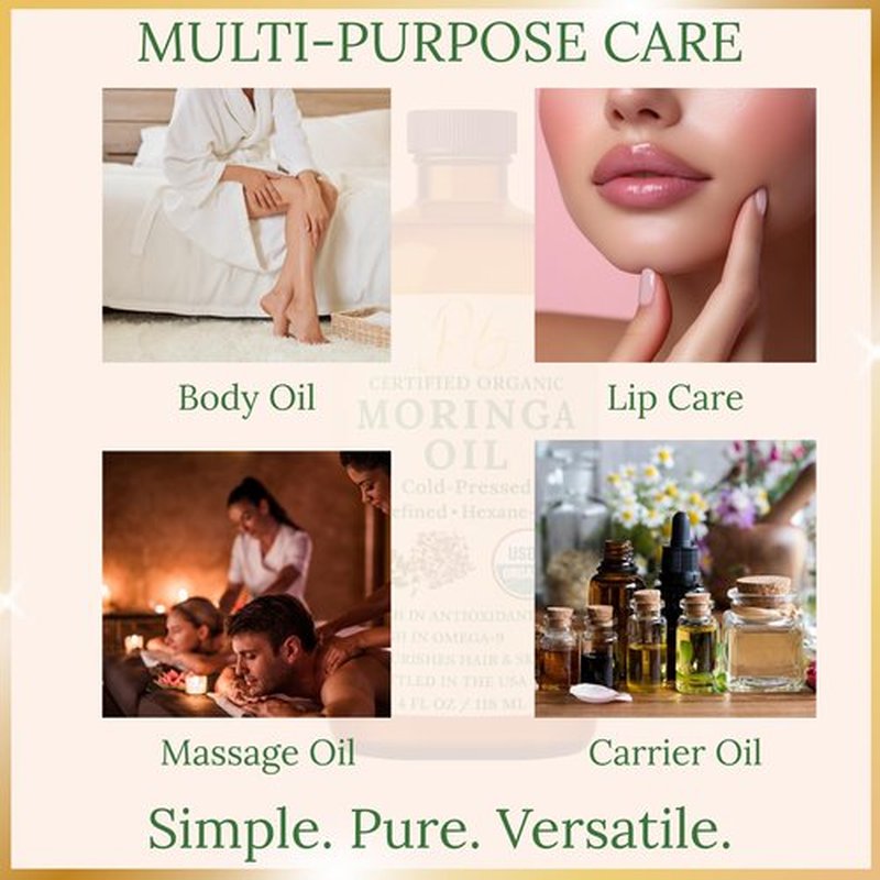 Pomberries Organic Moringa Oil – USDA Certified 100% Pure, Cold-Pressed & Unrefined – Moringa Seed Oil for Face, Skin, Hair & Body – Hydrating, Anti-Aging Moisturizer – 4 fl oz Amber Glass Bottle