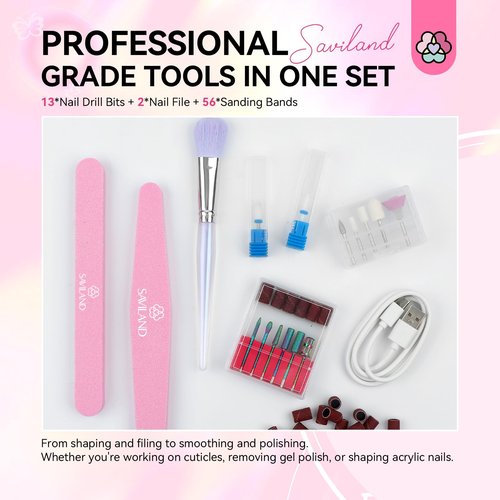 SAVILAND Professional Electric Nail Drill Machine: 40000RPM Rechargeable Nail Drill File with 4000mAh Battery, Ceramic Bit and Sanding Bands for Manicure, Pedicure, Shaping & Acrylic Removal Salon Use