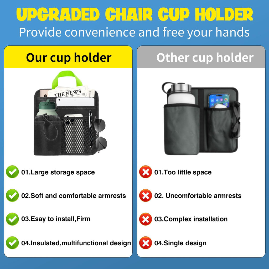 BOHEMIABY Beach Chair Cup Holder Attachment with Insulated Sleeve & 5 Pockets, Adjustable Armrest Organizer Caddy for Lawn Chairs, Camping, Stadium, Office (Black)