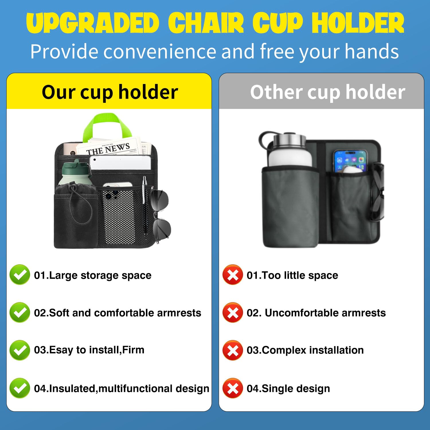 BOHEMIABY Beach Chair Cup Holder Attachment with Insulated Sleeve & 5 Pockets, Adjustable Armrest Organizer Caddy for Lawn Chairs, Camping, Stadium, Office (Black)